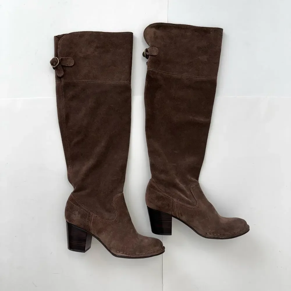 FRYE Lucinda Slouch Pull-On Over the Knee Suede Unlined Boots Dark Brown 8M